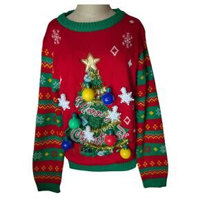 Giggling Get Up Light Up Ugly Christmas Sweater Tree Women’s Size L USED